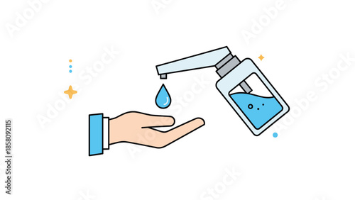 Icon of a hand receiving a drop of soap or alcohol gel from a sanitizer dispenser for hygiene and disinfection.
