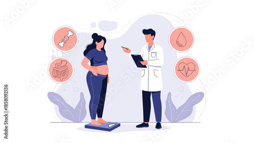 Doctor advising an overweight woman on a scale about health risks related to obesity, including heart and bones.