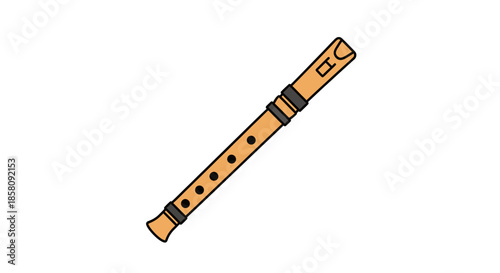 Wooden Recorder Musical Instrument with Black Bands and Holes.