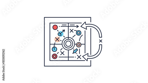 Line icon of a sports playbook or business strategy board with tactics and arrows indicating a game plan.