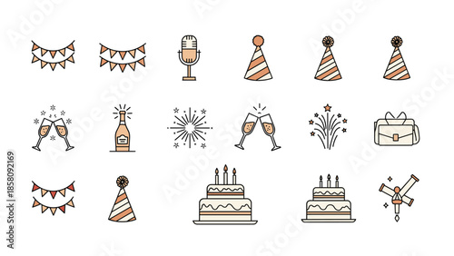 Set of colorful party and celebration icons, including birthday cake, champagne, fireworks, and party hats.