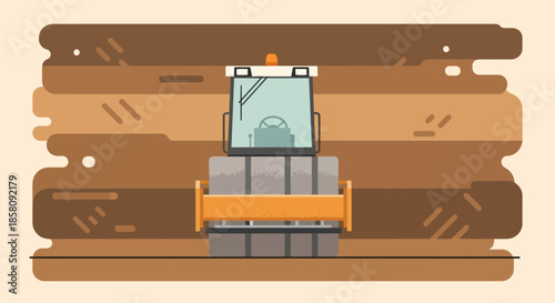 Flat illustration of a road roller compacting earth on a construction site.