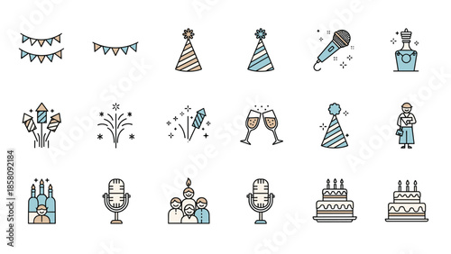 Collection of colorful icons for a party or celebration, with birthday cakes, fireworks, microphones, and hats.