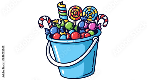 Bucket Filled with Colorful Assorted Candies Lollipops and Candy Canes.