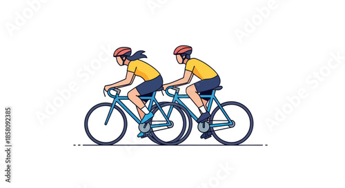 Two Cyclists Riding Tandem Bicycle in Illustration Style.