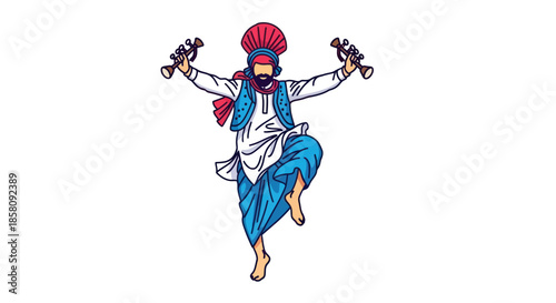 Energetic Punjabi Man Performing Traditional Bhangra Dance with Dangling Instruments.
