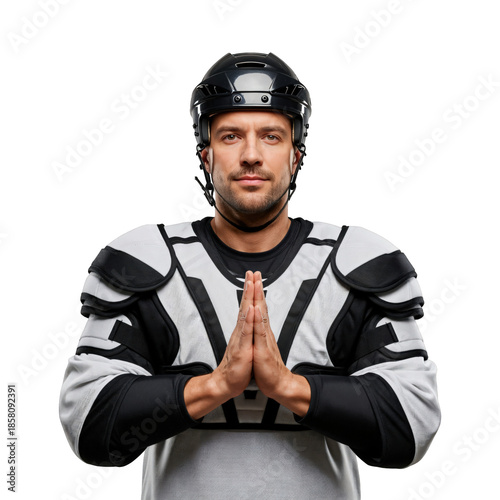 Professional Male Ice Hockey Player in Protective Gear Praying Pose