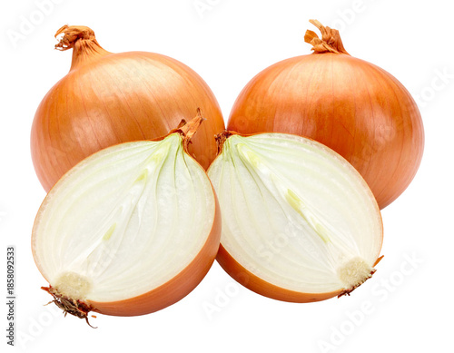 Fresh Whole and Halved Yellow Onions Isolated on White Background.