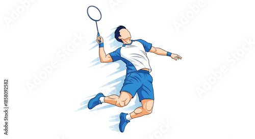 Dynamic vector illustration of a male badminton player performing a jump smash.