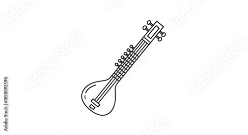 Stylized Line Art Illustration of a Sitar Musical Instrument.