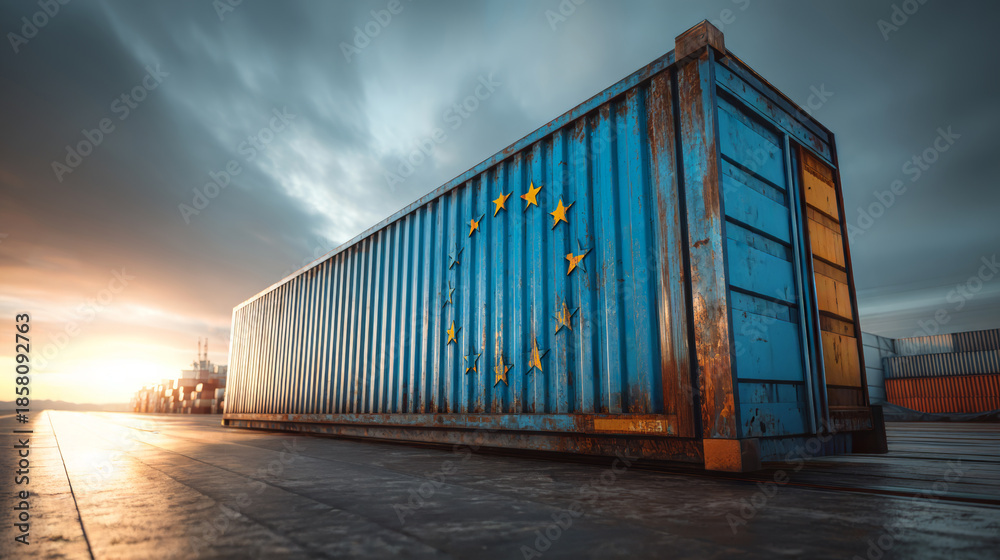 Obraz premium Shipping container with European Union flag at sunset.