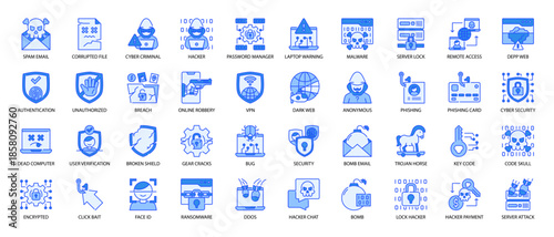 Cyber Crime and Digital Security Threat Blue Icon Pack