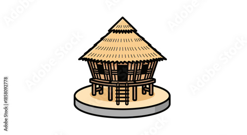 Traditional Elevated Hut with Thatched Roof and Wooden Structure.