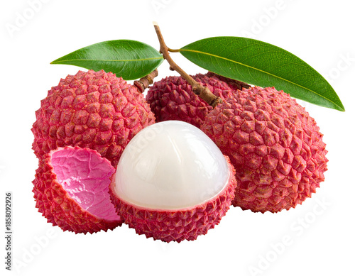 Fresh Ripe Lychee Fruits with Green Leaves Isolated on White Background.