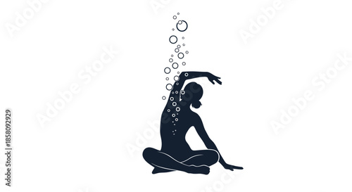 Silhouette of Woman Practicing Yoga with Bubbles and Flowing Energy.