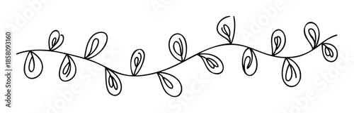 Hand drawn wavy botanical line with simple organic leaf shapes provides a charming natural divider or decorative border for use in print materials, digital presentations, or personalized