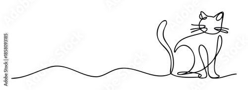 Minimalist one line drawing portraying a cute sitting feline creating an abstract flowing wavy shape ideal for modern graphic branding or decorative print material