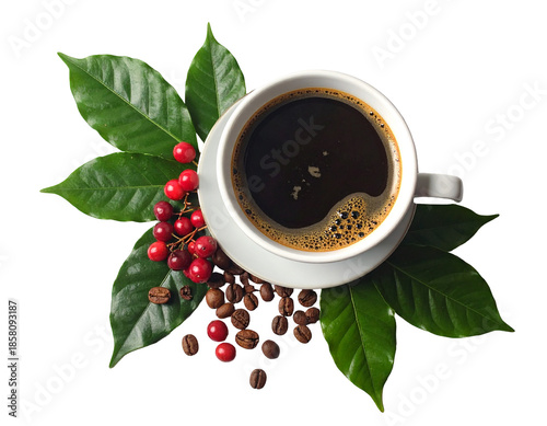 Aromatic Coffee Cup with Fresh Beans and Berries.