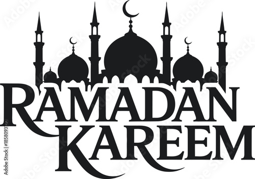 Ramadan Kareem text with mosque silhouette and crescent moon