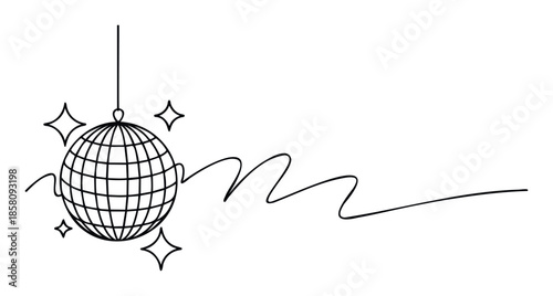 Dynamic one line art rendering of a shining mirrored disco ball accompanied by starry accents and an energetic continuous wavy stroke ideal for celebration posters, club flyers, and