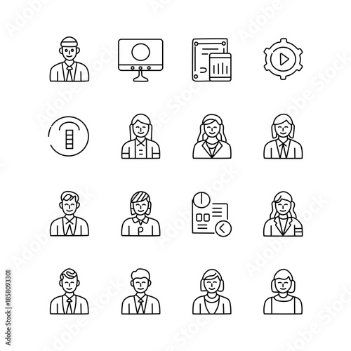 Business Cooperation web icons in line style. Meeting, partnership, business people, audience, briefing, plan, collection.