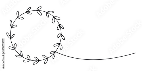 Elegant line drawing of a continuous leafy wreath frame with a flowing delicate underscore, perfect for wedding invitations, social media posts, or branding elements.