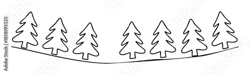 A row of simple black outline evergreen trees standing on a gentle wavy line, perfect for winter holiday greeting cards, childrens book illustrations, or seasonal decorative graphic