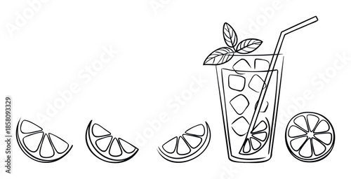Refreshing citrus beverage with ice, a straw, and fresh mint leaves in a glass, complemented by sliced fruit wedges, ideal for illustrating healthy drinks or summer menus.