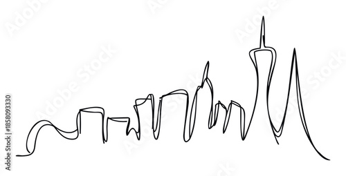 A dynamic continuous single line drawing depicting a modern city skyline with various buildings and soaring skyscrapers, suitable for corporate presentations or graphic projects.