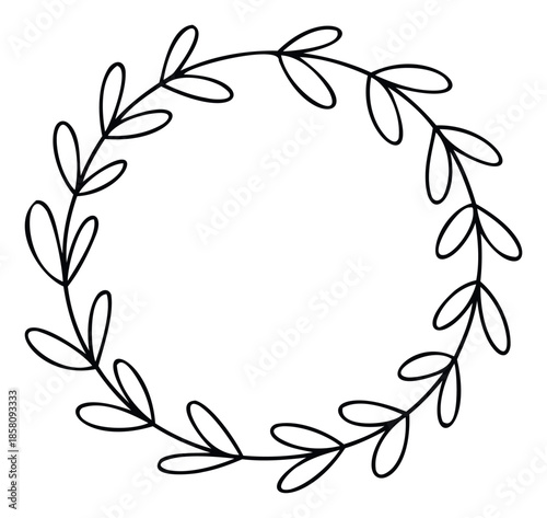 Minimalist hand drawn botanical leafy wreath circle frame perfect for wedding invitations, greeting cards, logo branding, and other graphic compositions