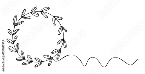 Simple hand drawn leaf wreath with an elegant wavy line extension providing a delicate botanical frame for nature themed branding and decorative projects