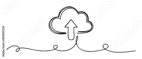 Clean continuous scribble line drawing of a cloud upload symbol for modern technology, network services, and digital information platforms