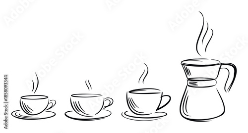 Stylized black outline drawings of hot coffee cups and a steaming coffee pot creating a cozy atmosphere perfect for cafe menus or beveragerelated promotions