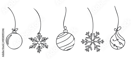 A delightful assortment of hand drawn continuous line art Christmas ornaments including round balls and delicate snowflakes, ideal for holiday season greeting cards, invitations, and