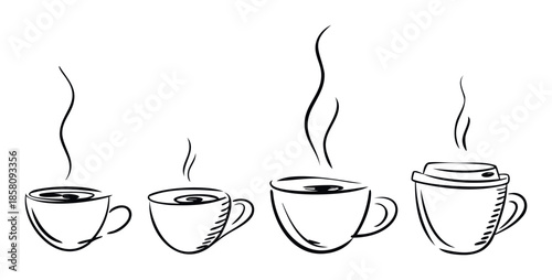 A collection of stylized hot coffee cups and mugs with rising steam, perfect as a simple outline sketch for cafe menus, beverage packaging, or kitchen decor projects.