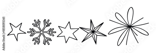 Variety of handdrawn star shapes and intricate snowflake symbol outlines perfect for festive seasonal invitations, scrapbooking, or digital media projects