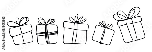 Simple doodle gift boxes with decorative bows arranged in a row, suitable for adding a cheerful touch to seasonal marketing materials and special occasion packaging