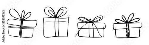 Simple hand drawn doodle style gift boxes with ribbons and bows, perfect for creating holiday greeting announcements or event invitation decorations.