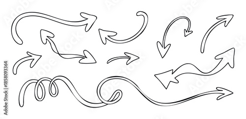 Hand sketched expressive pointer symbols and wavy lines providing navigational hints and decorative accents for graphic design projects and instructional guides.