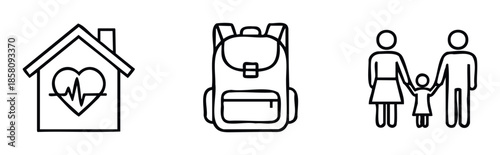 Line icons illustrating essential life aspects including home health, school education, and family unity, perfect for modern user interfaces and various educational materials.