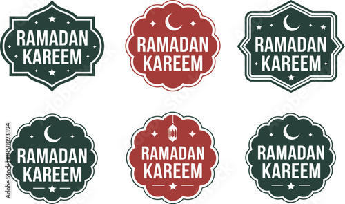 Six Ramadan Kareem badges in green and red islamic