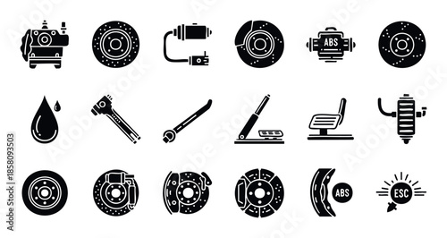 Comprehensive collection of automotive brake system components and essential vehicle safety icons perfect for mechanic workshop advertisements, car service brochures, and automobile