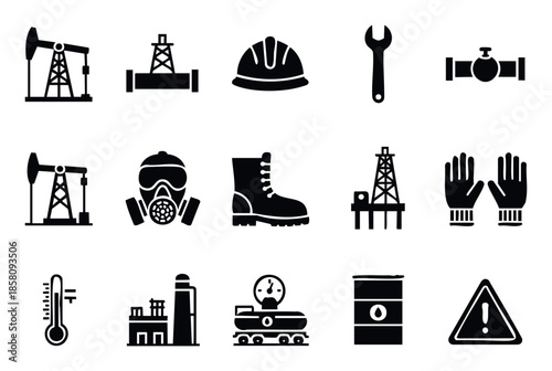 Vector set showcasing oil and gas industry equipment, worker safety gear, and essential industrial infrastructure elements ideal for energy sector presentations, infographics, and