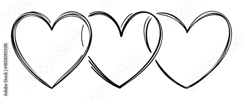 Three intertwined heart shapes created with a sketchy black line technique, symbolizing eternal love, unity, and close relationships, suitable for romantic events, friendship designs, or