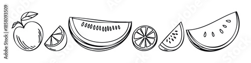 Simple hand drawn fruits including a whole apple, various watermelon slices, and round citrus pieces provide a fresh graphic element for healthy lifestyle blogs, cooking recipes, or