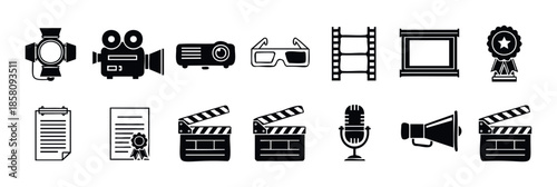 Comprehensive collection of film and cinema production icons representing essential filmmaking tools and elements for graphic design, web applications, and media industry presentations.