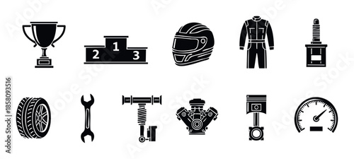 Essential racing and car mechanics icons, including trophy, podium, helmet, engine, and tools, perfect for automotive themed websites, presentations, and applications