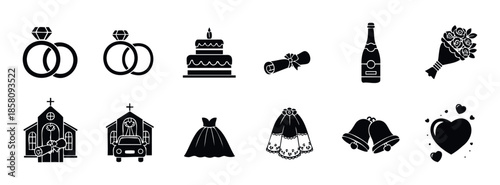 Collection of wedding celebration symbols featuring rings, cake, champagne, bouquet, church, dress, veil, bells, and hearts, perfect for event planning, invitations, and romantic
