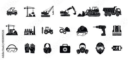 Comprehensive collection of construction vehicles, heavy machinery, industrial equipment, and personal protective safety gear icons for building industry applications and engineering
