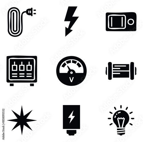 Essential electric power and energy icons featuring a plug, lightning bolt, switch, voltmeter, and light bulb, perfect for illustrating technical diagrams, safety guides, and infographics.